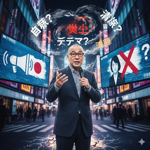 カンニング竹山さんが街頭でマイクを持って話しており、その頭上には「自粛？炎上？デマ？」といった言葉が渦巻いている。左右には情報番組の画面があり、小池都知事のイメージや批判の象徴が映し出されている。