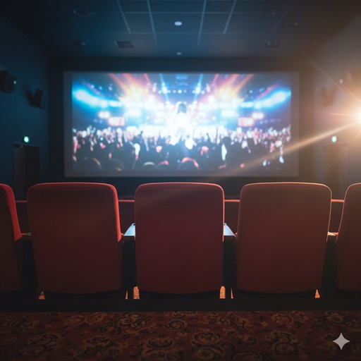 暗い映画館でスクリーンに向かって並ぶ、空の赤い座席