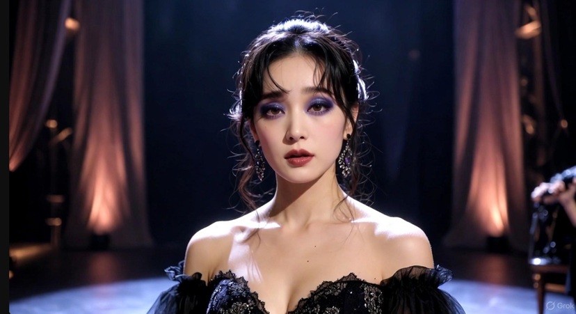 厳かなミュージカルの舞台に立つ女優。ライブコンサートとは異なる演劇的な空間のイメージ