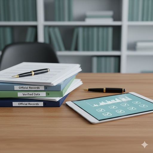 正確な公式情報を象徴する、整理整頓されたファイルや書類