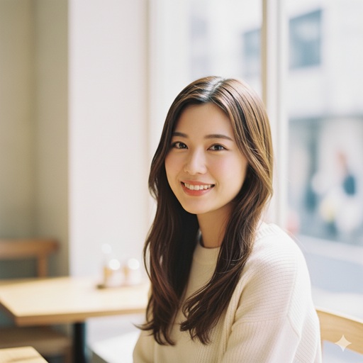 笑顔で優しく微笑むロングヘアの日本人女性のポートレート