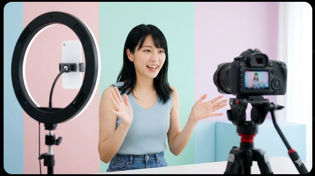 - 明るいスタジオルームでカメラに向かって笑顔で語りかける、黒髪の女性クリエイター（仮面ライアー217/にな）。YouTuberとしての活動風景。