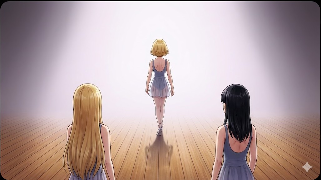 - ステージ上で光に向かって歩き出すショートヘアのダンサーと、それを見送る2人のメンバーの後ろ姿。引退による別れを象徴するイメージ。