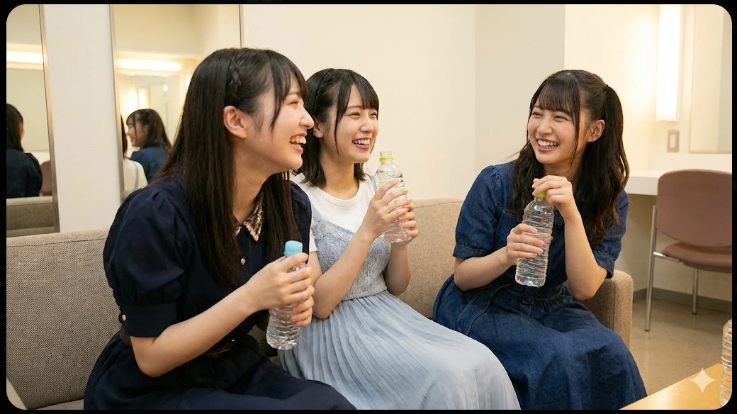 - 楽屋で仲良く談笑しながら休憩する3人の女性メンバー。不仲説を否定する、笑顔と信頼関係が伝わるオフショット風イメージ。
