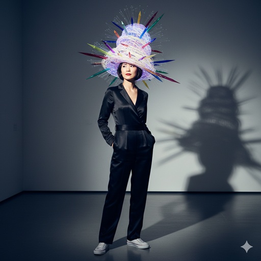 シンプルなコーディネートに奇抜な帽子を合わせ、ファッションにおける「スパイス」を表現したイメージ