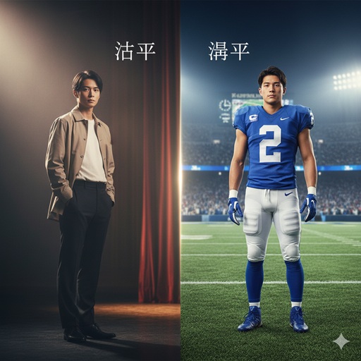 俳優を象徴する舞台照明とアスリートを象徴する競技場の芝生が並ぶ、二人の別人物の違いを示すイメージ