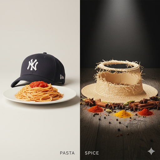 定番のキャップ(パスタ・安定)と奇抜な帽子(スパイス・刺激)を対比させたコンセプトイメージ
