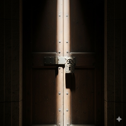 公的な情報がない実家の資産や職業に関する情報の「不在」を象徴する閉ざされた扉