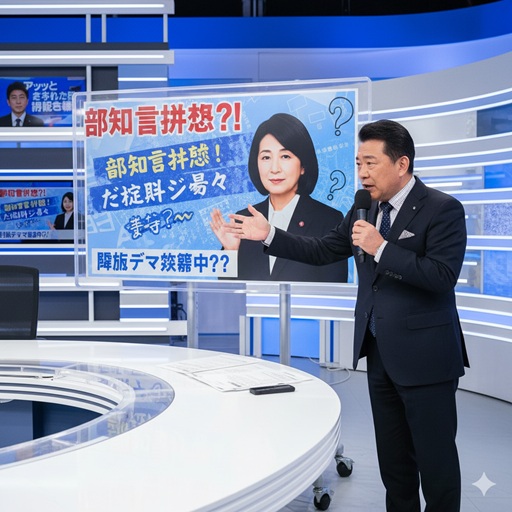 ニューススタジオでコメンテーターがパネルを指差し、小池都知事の批判に関するデマについて解説している様子。