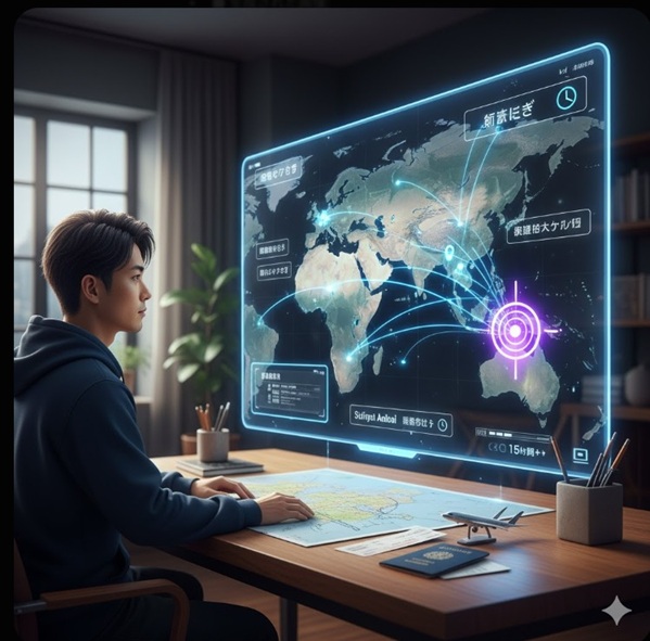 日本からリヤドへの乗り継ぎルート(ドバイ経由)を示す飛行機(と地球儀)のイメージ