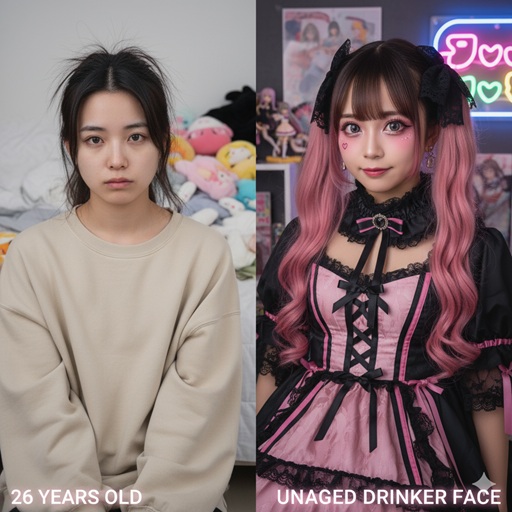 26歳の実年齢と「未成年飲酒顔」と呼ばれるほどの若々しい見た目のギャップを表現するイメージ