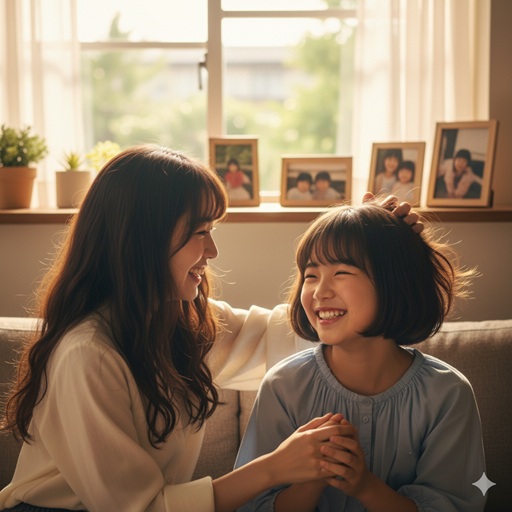 楽しそうに笑い合う若い日本人姉妹がソファに座っている様子