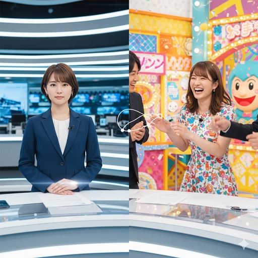 ニュース番組とバラエティ番組の異なる二つの役割を持つアナウンサーを対比させた画像。