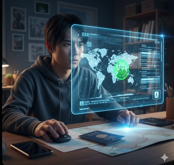 パソコンでサウジアラビアのe-Visa申請サイトを確認し、パスポートを準備する日本人男性