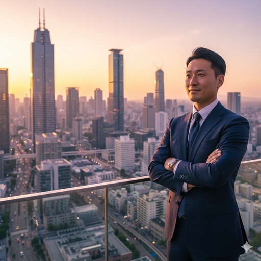 大手総合商社に勤務し、高収入を得ているエリートビジネスマンのイメージ