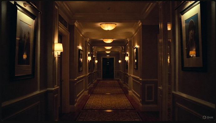 人影のない静まり返った高級ホテルの廊下