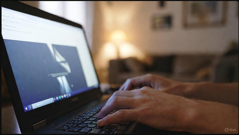 カフェのような落ち着いた空間で、ノートパソコンを使ってエンタメ情報を熱心にリサーチしている様子