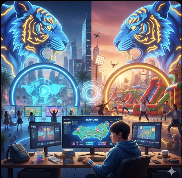 ビーストランドの「進化」とサウジアラビア開催を象徴する、ネオンの虎と未来的な都市景観を融合させたイメージ