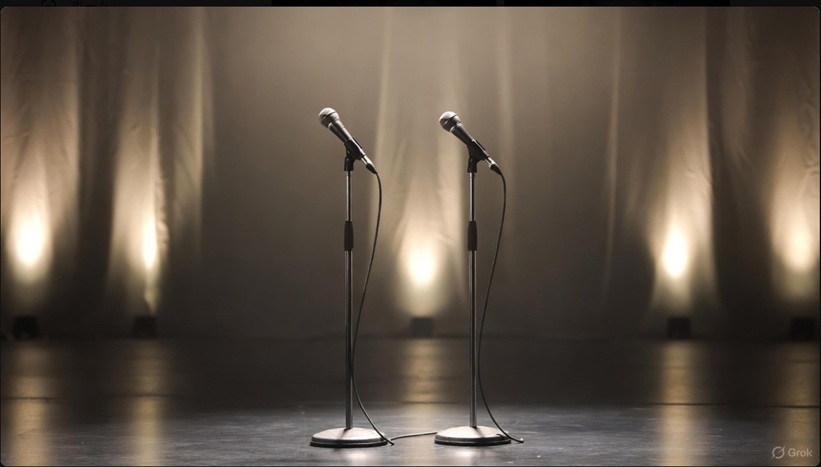 ステージ上のスポットライトに照らされた2本のマイクスタンドが並び、将来の共演やコラボレーションを予感させる光景