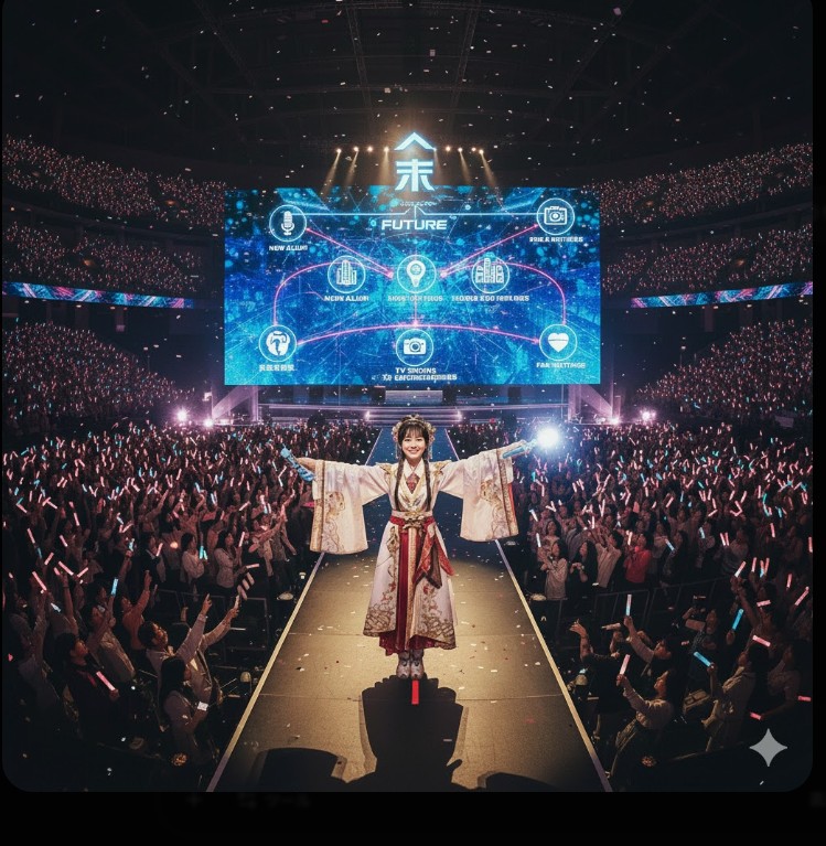 GARNiDELiAの中国ツアー計画を示すマップが映し出されたステージに立つメイリア