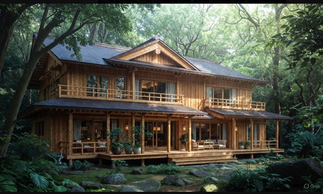 軽井沢の森の中に佇む高級木造別荘の外観