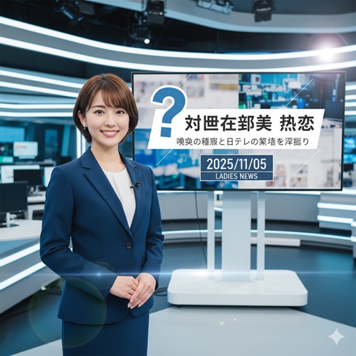 ニューススタジオで笑顔を見せる日本人女性アナウンサー。画面には「熱愛」というテーマと疑問符が表示されている。
