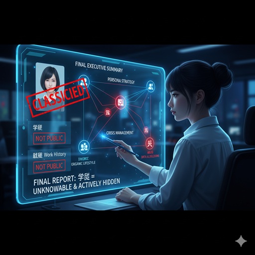 ラップトップで個人情報を検索している日本の女性。画面には「PRIVATE」や「CAUTION」の表示、ロックアイコン、人物のアイコンが赤や青の光で示されています。