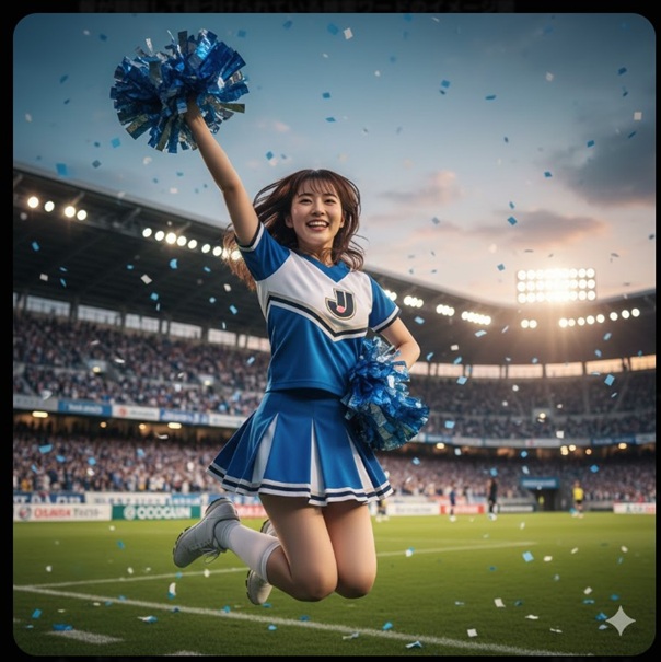 ジュビロ磐田のマスコットガール時代の永見アナを想起させる、スタジアムでジャンプして応援する女性のイメージ