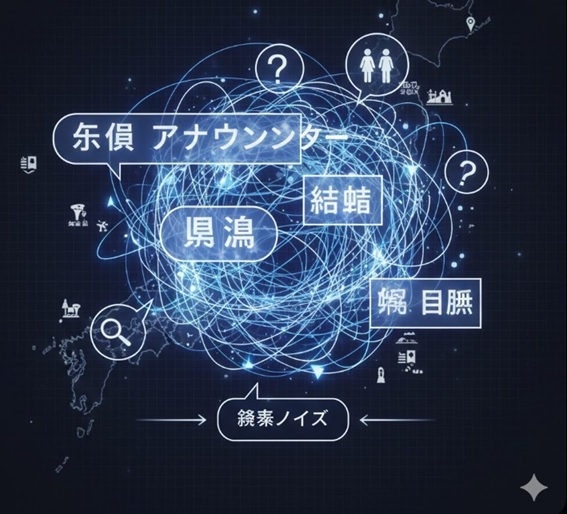 「永見アナ 結婚 鳥羽」という検索キーワードの相関関係と情報の錯綜を視覚化したイメージ図