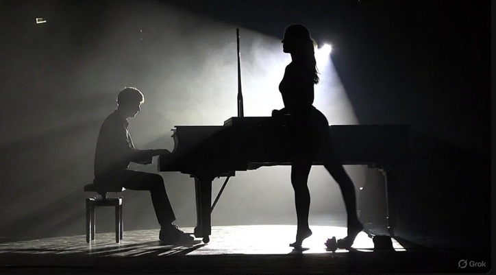 暗いステージ上のスポットライトの下で、グランドピアノを演奏する男性とコンテンポラリーダンスを踊る女性の幻想的なシルエット