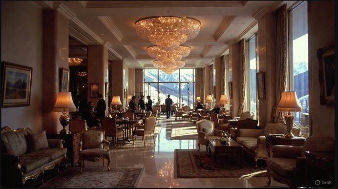 バブル時代の豪華なプリンスホテルのロビーとシャンデリア