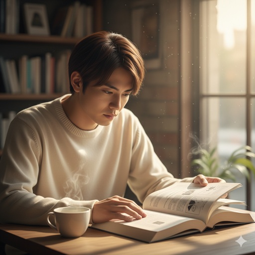 カフェで集中して本を読み、知性を感じさせる日本人男性