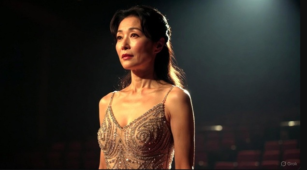 スポットライトを浴びて舞台に立つ自信に満ちた日本人女優