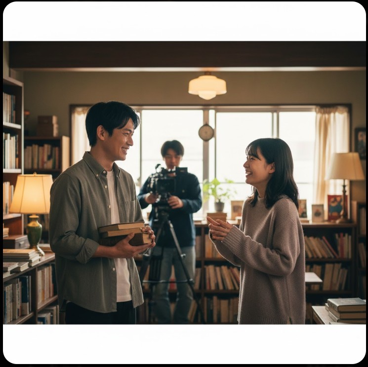 撮影現場で共演者と笑顔を見せる若葉竜也