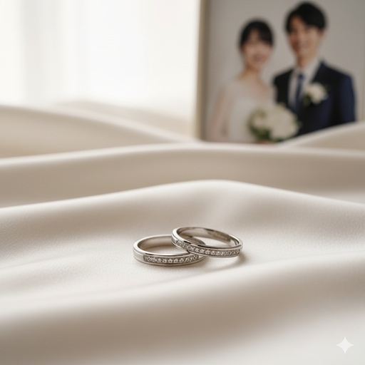 上品なサテンの布の上に並べられた、2つのシンプルな結婚指輪