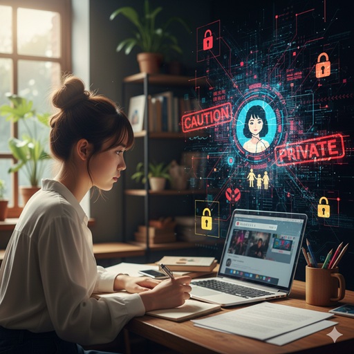 夜の部屋でラップトップを見つめる日本の女性。画面には「ACCOUNT SUSPENDED」と表示されたYouTubeのページ、赤い再生ボタン、ロックアイコン、情報ネットワークのグラフィックが浮かんでいます。