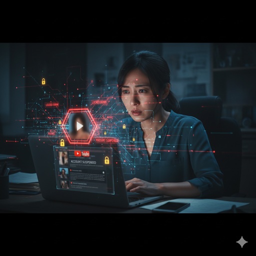 夜の部屋でラップトップを見つめる日本の女性。画面には「ACCOUNT SUSPENDED」と表示されたYouTubeのページ、赤い再生ボタン、ロックアイコン、情報ネットワークのグラフィックが浮かんでいます。