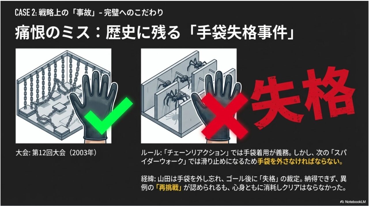 第12回大会での手袋外し忘れによる失格事件のルール解説図