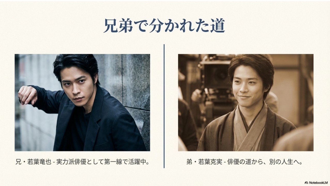 俳優として活躍する兄の若葉竜也と芸能界を引退した弟の若葉克実の比較画像