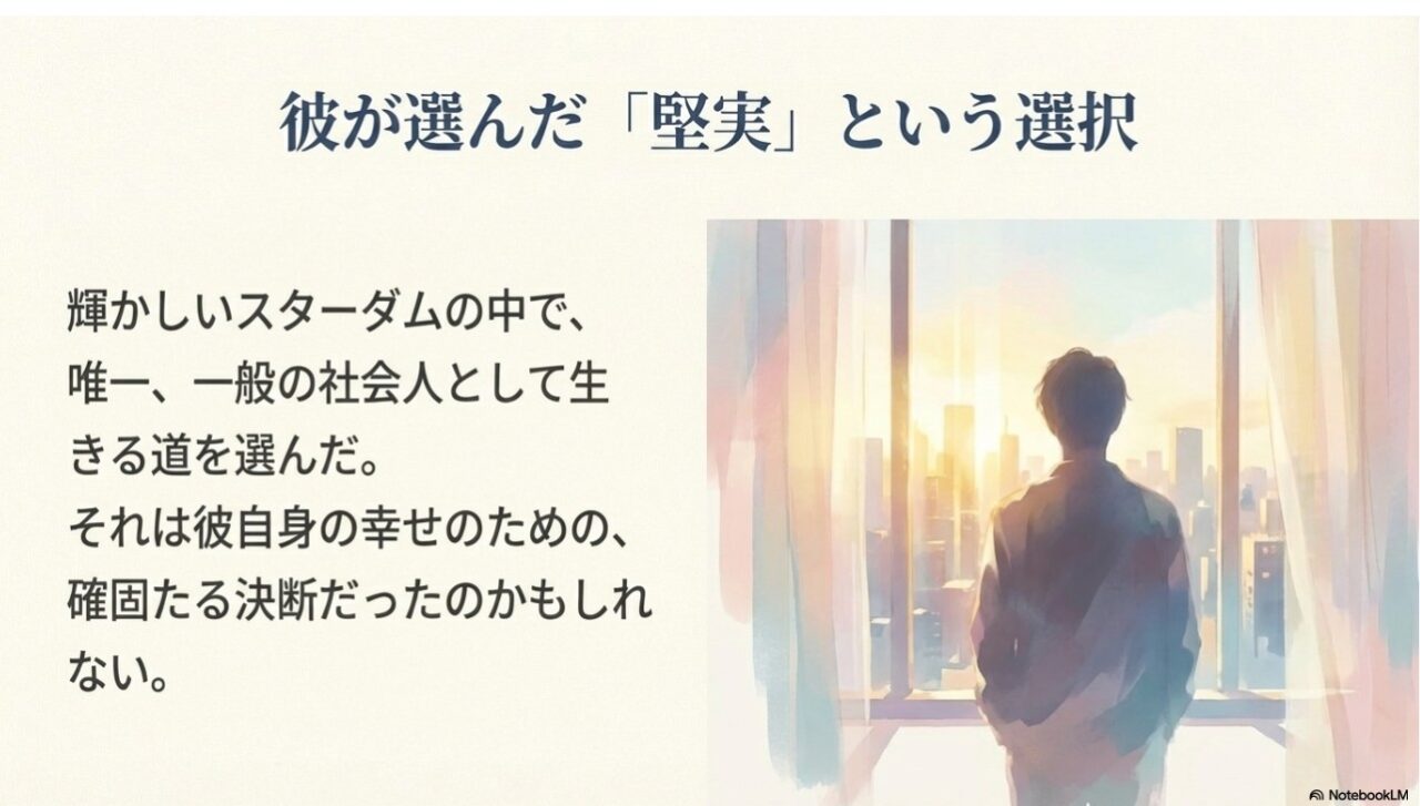 一般社会人として生きる堅実な道を選んだ若葉克実の決断を表す後ろ姿のイメージ