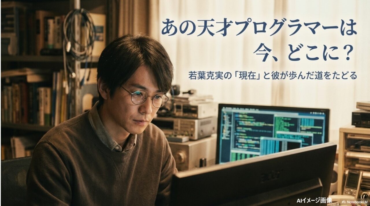 ドラマ探偵学園Qで天才プログラマー鳴沢数馬役を演じた若葉克実をイメージしたPCに向かう男性