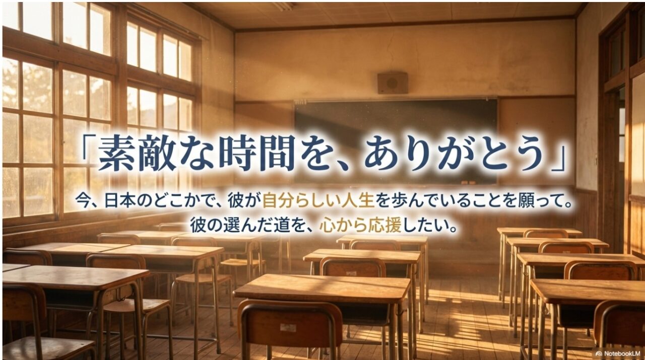 教室の風景と共に「素敵な時間をありがとう」と若葉克実への感謝が書かれたメッセージ画像