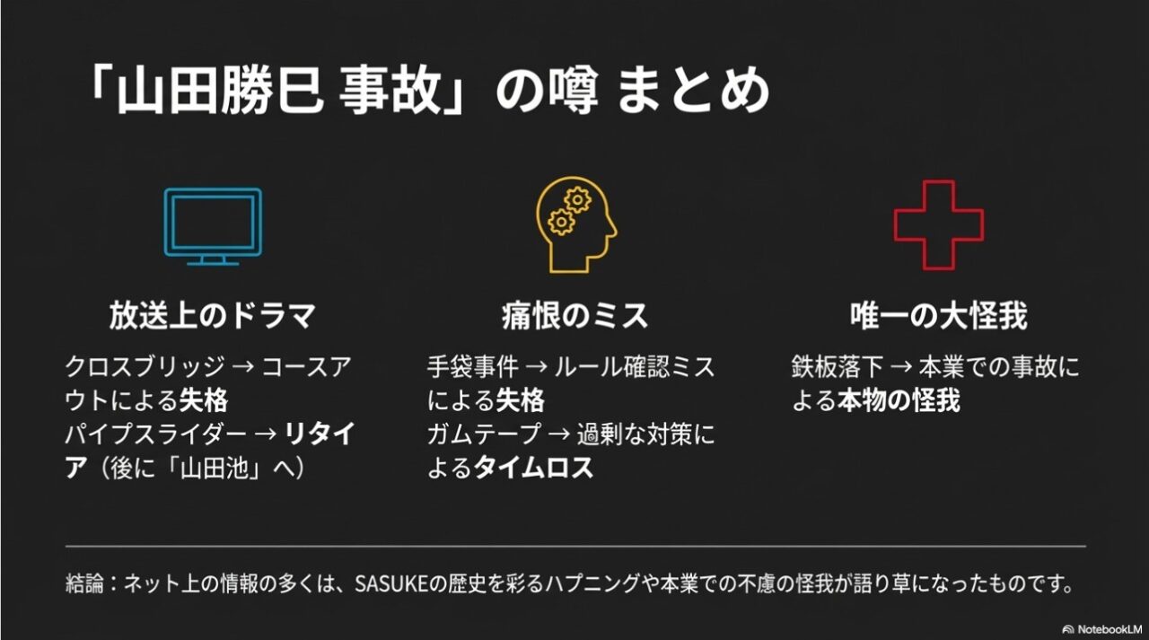 「山田勝巳 事故」の噂を3つの視点で解き明かす真相まとめ図