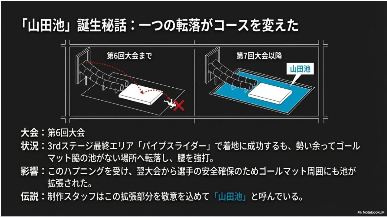 第6回大会の転落から「山田池」が誕生した歴史の解説図