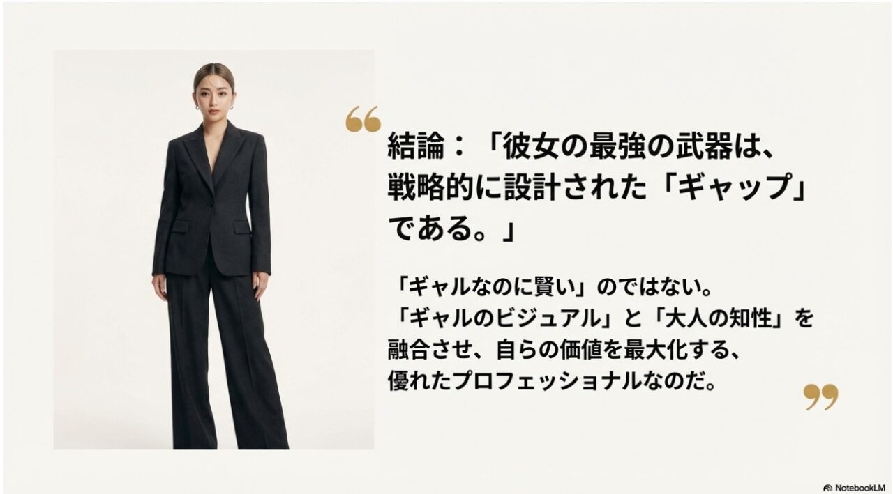 黒のパンツスーツに身を包み「戦略的に設計されたギャップ」という彼女の最強の武器を解説するゆうちゃみの画像