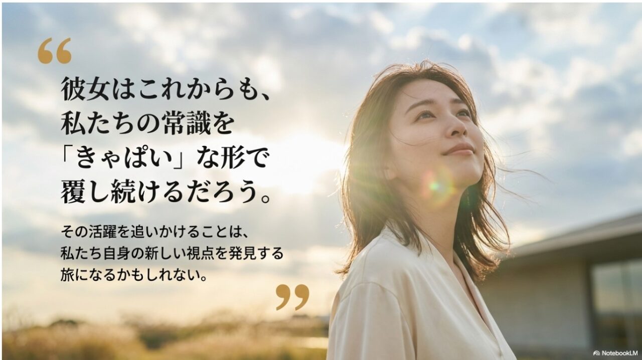 青空を背に前を向くゆうちゃみの姿と「常識を覆し続ける活躍」への期待を込めたエンディング画像
