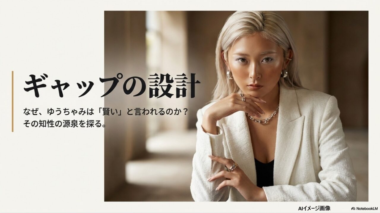 白のジャケットを着たゆうちゃみが知的な表情を浮かべる「ギャップの設計」をテーマにしたアイキャッチ画像