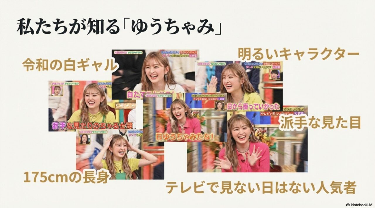 「令和の白ギャル」や「175cmの長身」など、テレビで活躍するゆうちゃみの明るいキャラクターをまとめた画像