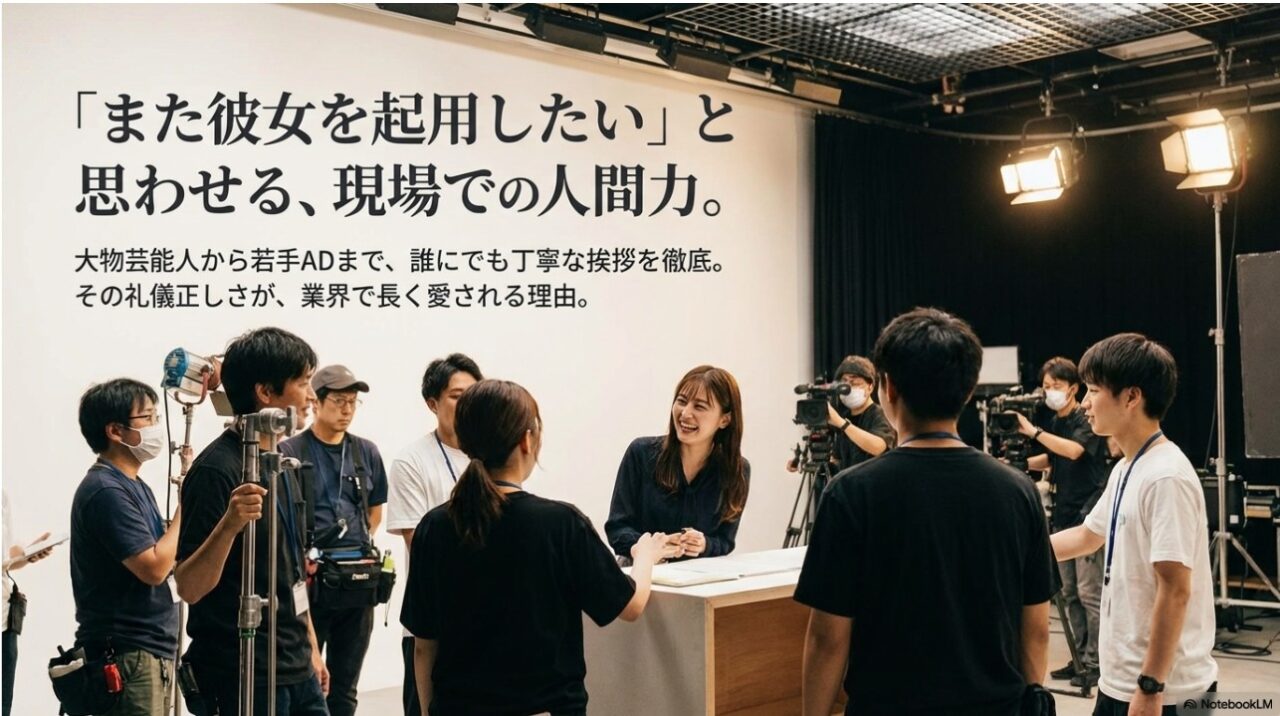 撮影現場でスタッフに笑顔で挨拶をし「また起用したい」と思わせるゆうちゃみの人間力を表現した画像