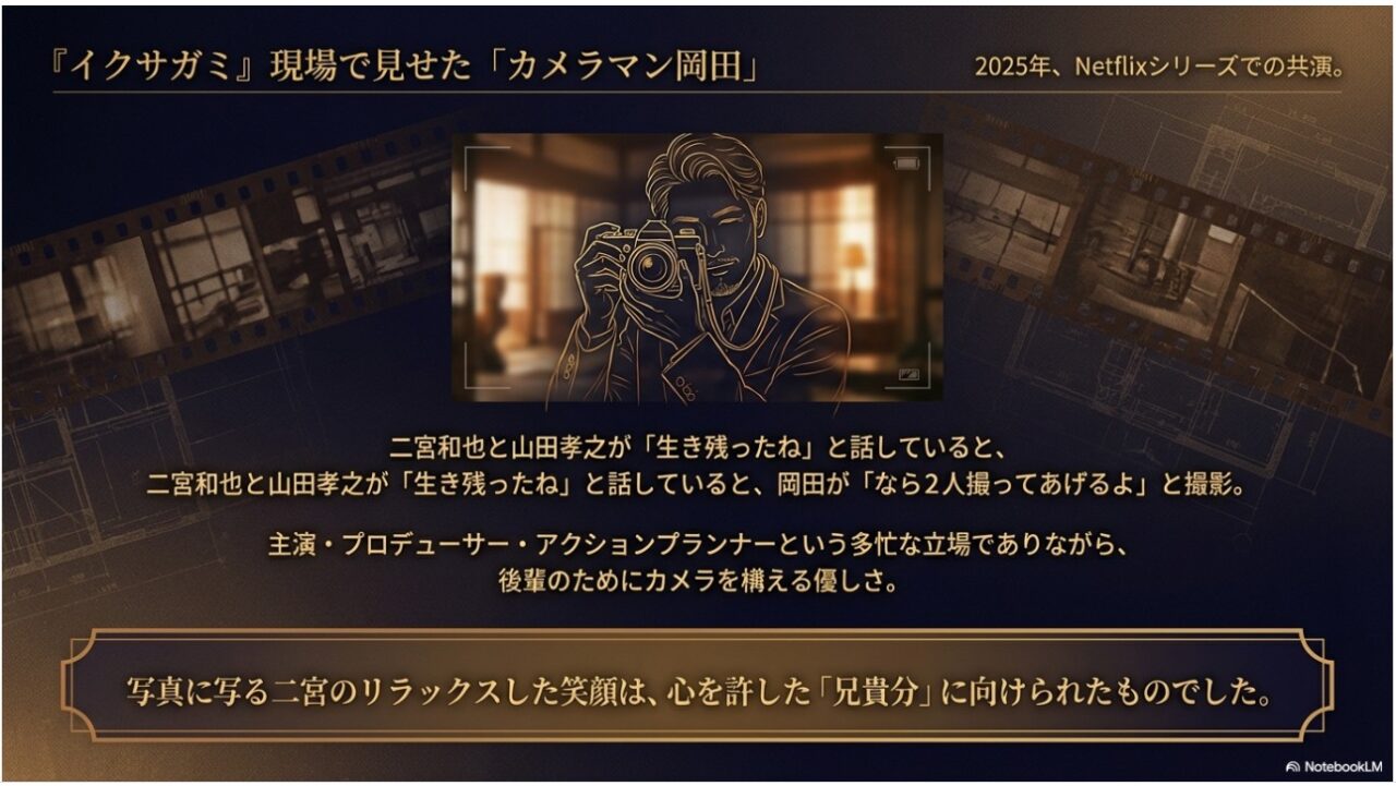 「イクサガミ」撮影現場で岡田准一がカメラマンとなり二宮和也を撮影したエピソードのイメージ図